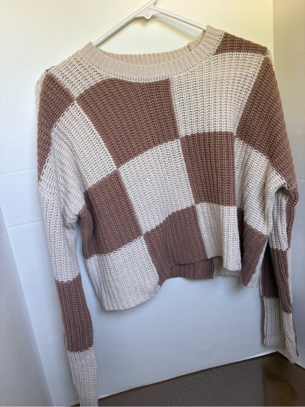 Cream and Brown Check Crewneck Sweater